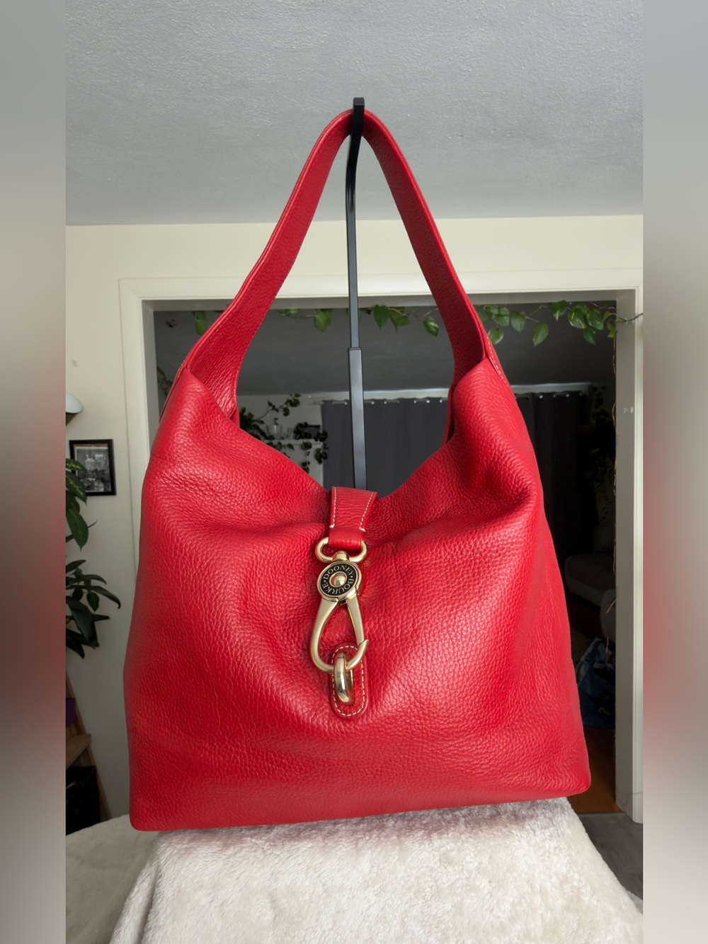 Red Leather Hobo Tote with Gold Hardware
